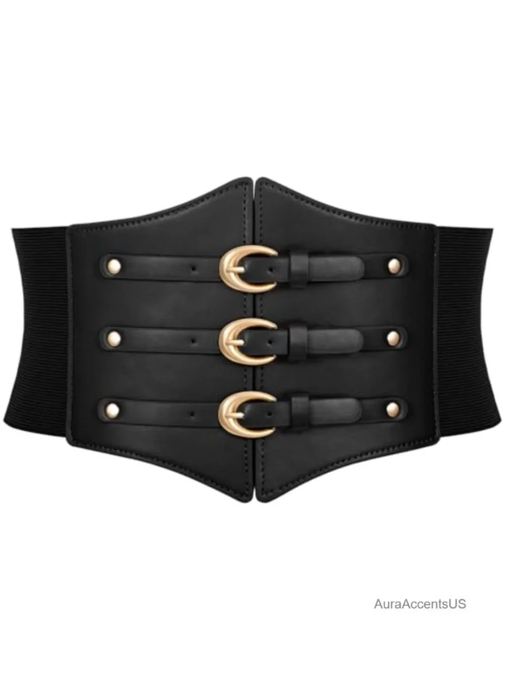 Wide Stretchy Corset Belt with Gold Buckle Faux Leather Waist Cincher
